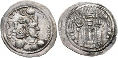 HUNNIC TRIBES, Kidarites. Uncertain ruler. Late 4th-early 5th centuries. AR Drachm (26mm, 3.49 g, 2h). Taxila mint (or its vicinity). Diademed bust right, wearing winged mural crown with korymbos (in 