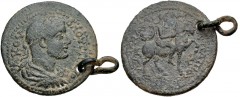 LYDIA, Blaundus. Volusian. AD 251-253. Æ (30mm, 16.65 g, 6h). A. Papius, strategos. Laureate, draped, and cuirassed bust right / Man on horse riding right, holding reins and bipennis. SNG von Aulock 2