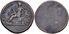 Vespasian. AD 69-79. Æ Uniface Sestertius (34mm, 21.48 g). Rome mint. Blank / ANNONA AVGVST S C, Annona, draped, seated left, holding open on her lap a bag of grain ears, the ends held in her hands. C