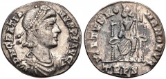 Gratian. AD 367-383. AR Siliqua (16mm, 1.67 g, 6h). Treveri (Trier) mint. Struck AD 378-383. Pearl-diademed, draped, and cuirassed bust right / Roma seated facing on throne, head left, holding globe a