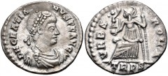 Gratian. AD 367-383. AR Siliqua (18mm, 2.26 g, 6h). Treveri (Trier) mint. Struck AD 367-375. Pearl-diademed, draped, and cuirassed bust right / Roma seated left on throne, holding crowning Victory on 