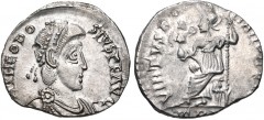 Theodosius I. AD 379-395. AR Siliqua (16mm, 1.87 g, 12h). Treveri (Trier) mint. Struck AD 388-395. Pearl-diademed, draped, and cuirassed bust right / Roma seated left on cuirass, holding crowning Vict