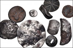 MIXED. Greek to Roman Imperial. Lot of ten coins altered in antiqity. Includes: CARTHAGE. Æ 15mm. Edge on each side engraved with clockwise-graded serrated pattern // KINGS of MACEDON. Alexander III ‘