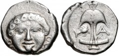 THRACE, Apollonia Pontika. Late 5th-4th centuries BC. AR Drachm (14mm, 2.83 g, 11h). Facing gorgoneion / Upright anchor; crayfish to left, A to right. Topalov, Apollonia 45; SNG BM Black Sea 160-1 var