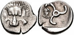 DYNASTS of LYCIA. Perikles. Circa 380-360 BC. AR Third Stater (17mm, 3.17 g). Lion scalp facing / Triskeles; in one section, draped bust of Helios facing slightly left; all within incuse square. Falgh