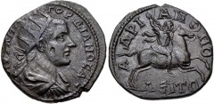THRACE, Hadrianopolis. Gordian III. AD 238-244. Æ (30mm, 16.33 g, 7h). Radiate, draped, and cuirassed bust right / Gordian riding horse right, preparing to hurl spear. AMNG I 461; Varbanov 3784. Good 