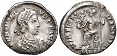 Honorius. AD 393-423. AR Siliqua (17mm, 1.66 g, 12h). Mediolanum (Milan) mint. Struck AD 393-394. Pearl-diademed, draped, and cuirassed bust right / Roma seated left on cuirass, holding Victory on glo
