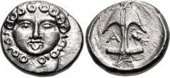 THRACE, Apollonia Pontika. Late 5th-4th centuries BC. AR Drachm (14mm, 2.86 g, 12h). Facing gorgoneion / Upright anchor; A to left, crayfish to right. Topalov, Apollonia 45; SNG BM Black Sea 160–1. EF
