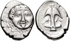 THRACE, Apollonia Pontika. Late 5th-4th centuries BC. AR Drachm (14mm, 2.84 g, 12h). Facing gorgoneion / Upright anchor; crayfish to left, A to right. Topalov, Apollonia 45; SNG BM Black Sea 160-1 var