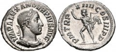 Severus Alexander. AD 222-235. AR Denarius (20mm, 3.39 g, 6h). Rome mint. 18th emission, January–February/March AD 235. Laureate, draped, and cuirassed bust right / Sol, radiate, standing left, raisin