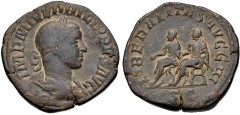 Philip II. AD 247-249. Æ Sestertius (31mm, 18.96 g, 1h). Rome mint, 3rd officina. 11th emission of Philip I, AD 249. Laureate, draped, and cuirassed bust right / Philip I, holding scepter, and Philip 