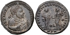 Maximianus. As Senior Augustus (1st reign), AD 305-307. Æ Follis (27mm, 9.87 g, 12h). Cyzicus mint, 4th officina. Struck AD 305-306. Laureate and mantled bust right, holding olive branch and mappa / P