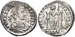Gratian. AD 367-383. AR Siliqua (18mm, 2.13 g, 11h). Treveri (Trier) mint. Struck AD 378-383. Pearl-diademed, draped, and cuirassed bust right / Roma seated facing on throne, head left, holding globe 