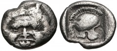 THRACO-MACEDONIAN REGION, Uncertain. 5th-4th centuries BC. AR Hemiobol (7mm, 0.27 g, 6h). Facing gorgoneion / Crested helmet within incuse square. LHS 100, lot 197 (Maroneia), otherwise apparently unp