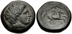 KINGS of MACEDON. Philip II. 359-336 BC. Æ Unit (17.5mm, 6.34 g, 7h). Uncertain mint in Macedon. Diademed head of Apollo right / Philip on horseback right; ΛO monogram below. SNG ANS 935. VF, dark gre