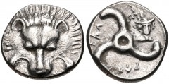 DYNASTS of LYCIA. Perikles. Circa 380-360 BC. AR Third Stater (15mm, 3.06 g). Lion scalp facing / Triskeles; in one section, draped bust of Hermes, wearing winged petasos, facing slightly right; all w
