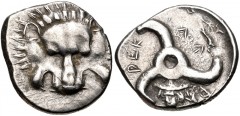 DYNASTS of LYCIA. Perikles. Circa 380-360 BC. AR Third Stater (14.5mm, 2.92 g). Lion scalp facing / Triskeles; in one section, draped bust of Hermes, wearing winged petasos, facing slightly left; all 