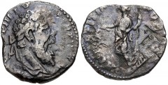 Pertinax. AD 193. AR Denarius (16mm, 2.67 g, 4h). Rome mint. Laureate head right / Laetitia standing left, holding wreath and scepter. RIC IV 4a; RSC 20. Good Fine, toned, some scratches on the obvers