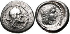 DYNASTS of LYCIA. Vekhssere I. Circa 450-430/20 BC. AR Stater (19.5mm, 8.22 g, 2h). Arñna (Xanthos) mint. Head right, wearing satrapal headdress / Laureate head of Apollo right; diskeles to right; all