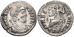 Gratian. AD 367-383. AR Siliqua (18mm, 2.00 g, 5h). Treveri (Trier) mint. Struck AD 367-375. Pearl-diademed, draped, and cuirassed bust right / Roma seated left on throne, holding crowning Victory on 