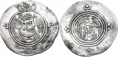 ISLAMIC, Umayyad Caliphate. al-Muhallab ibn Sufra. Zibayrid governor, circa AH 75-79 / AD 694-698. AR Drachm (31mm, 3.97 g, 3h). Arab-Sasanian type. DA (Dārābjird) mint. Dated AH 76 in Pahlavi (AD 695