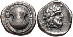 BOEOTIA, Thebes. Circa 425-395 BC. AR Stater (21mm, 11.74 g). Later style. Boiotian shield / Θ E across lower field, head of Dionysos right, wearing ivy wreath. BCD Boiotia 442 (this coin); HGC 4, 132
