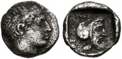 MYSIA, Pergamon. Circa 450 BC. AR Diobol (11mm, 1.45 g, 6h). Laureate head of Apollo right / Bearded head right, wearing Persian tiara, within incuse square. Von Fritze, Pergamon pl. I, 1; Mørkholm, P