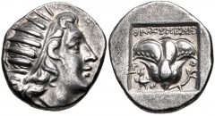 ISLANDS off CARIA, Rhodos. Rhodes. Circa 150-125 BC. AR Drachm (14mm, 3.00 g, 12h). ‘Plinthophoric’ coinage. Thrasymenes, magistrate. Radiate head fo Helios right / Rose with bud to right; to left, ro