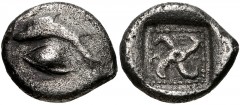 DYNASTS of LYCIA. Thibanuw. Circa 480-350 BC. AR Sixth Stater (12mm, 1.58 g). Dolphin leaping left; human eye below / Tetraskeles within incuse square. Falghera –; SNG Copenhagen Supp. 404; SNG von Au