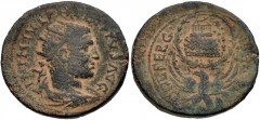 JUDAEA, Neapolis. Philip I. 244-249 CE. Æ (28mm, 17.83 g, 6h). Radiate, draped, and cuirassed bust right / Eagle standing facing, head upturned left, with wings spread and supporting wreath containing