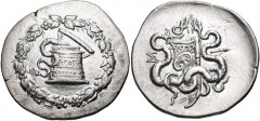 LYDIA, Sardes. Circa 166-67 BC. AR Tetradrachm (31mm, 12.37 g, 1h). Cistophoric standard. Struck circa 166-160 BC. Cista mystica with serpent; all within ivy wreath / Bow case with serpents; monogram 