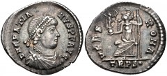 Gratian. AD 367-383. AR Siliqua (19mm, 2.33 g, 6h). Treveri (Trier) mint. Struck AD 367-378. Pearl-diademed, draped, and cuirassed bust right / Roma seated left on throne, holding crowning Victory on 