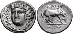 THESSALY, Larissa. Circa 365-356 BC. AR Drachm (20mm, 5.96 g, 12h). Head of the nymph Larissa facing slightly left, with hair in ampyx / ΛAPIΣ AIΩN above and below, horse standing right, preparing to 