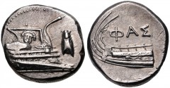LYCIA, Phaselis. 4th century BC. AR Stater (21mm, 10.42 g, 8h). Prow of galley right, fighting platform decorated with facing gorgoneion; to right, cicada upward / Stern of galley left; ΦΑΣ above. Hei