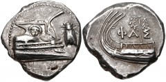 LYCIA, Phaselis. 4th century BC. AR Stater (22mm, 10.30 g, 9h). Prow of galley right, fighting platform decorated with facing gorgoneion; to right, cicada upward / Stern of galley left, with wreath ha