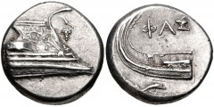 LYCIA, Phaselis. 4th century BC. AR Stater (21mm, 10.28 g, 9h). Prow of galley right, fighting platform decorated with wreath; grape bunch on vine to right / Stern of galley left; ΦΑΣ above, dolphin s