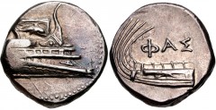LYCIA, Phaselis. 4th century BC. AR Stater (21mm, 10.39 g, 12h). Prow of galley right, fighting platform decorated with dolphin right / Stern of galley left; ΦΑΣ above. Heipp-Tamer Series 6, unlisted 