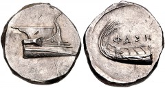 LYCIA, Phaselis. 4th century BC. AR Stater (22mm, 10.37 g, 11h). Prow of galley right / Stern of galley left; ΦΑΣΗ above. Heipp-Tamer Series 6, unlisted variety; CNG 99, lot 287 (same dies). EF, toned