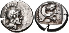 DYNASTS of LYCIA. Arttumpara. Circa 390-370 BC. AR Stater (20mm, 8.42 g, 9h). Telmessos mint. Helmeted head of Athena right / Head of Herakles right, wearing lion skin; [A]RTTUMP (in Lycian) to right;