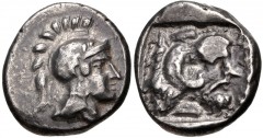 DYNASTS of LYCIA. Arttumpara. Circa 390-370 BC. AR Stater (18.5mm, 8.38 g, 6h). Telmessos mint. Helmeted head of Athena right / Head of Herakles right, wearing lion skin; ART[...] (in Lycian) to right