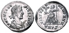 Theodosius I. AD 379-395. AR Siliqua (19mm, 1.83 g, 6h). Treveri (Trier) mint. Struck AD 392-395. Pearl-diademed, draped, and cuirassed bust right / Roma seated left on cuirass, holding Victory on glo
