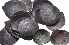 BYZANTINE. Lot of thirty-two (32) BI and Æ trachys and one (1) EL aspron trachy. Includes: Mostly of the period of Andronicus I to Alexius III, though a possible Palaeologan or Bulgarian inclusion is 