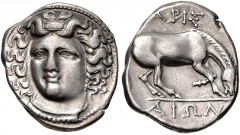 THESSALY, Larissa. Circa 356-342 BC. AR Drachm (17mm, 6.00 g, 6h). Head of the nymph Larissa facing slightly left, with hair in ampyx / [Λ]APIΣ AIΩN above and below, horse right, preparing to lie down