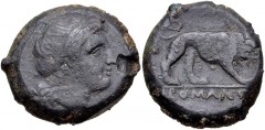 Anonymous. Circa 260 BC. Æ (21mm, 9.02 g, 4h). Mint in southern Italy. Female head right, with ribbon in hair / Lion right, holding broken spear in jaws; ROMANO in exergue. Crawford 16/1a; BdC 19; Syd