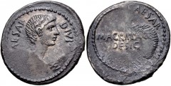The Triumvirs. Octavian and Agrippa. 38 BC. AR Denarius (21mm, 3.86 g, 4h). Military mint travelling with Agrippa in Gaul or with Octavian in Italy. Bare head of Octavian right, wearing slight beard /
