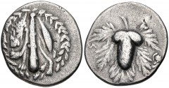LYDIA, Tralles. Circa 166-67 BC. AR Didrachm (19mm, 6.04 g, 12h). Cistophoric series. Struck circa 134-128 BC. Lion’s skin draped over club; all within ivy wreath / Grape bunch on vine; TPA to left; t