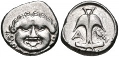 THRACE, Apollonia Pontika. Late 5th-4th centuries BC. AR Drachm (14mm, 2.84 g, 3h). Facing gorgoneion / Upright anchor; A to left, crayfish to right. Topalov, Apollonia 45; SNG BM Black Sea 160-1; SNG
