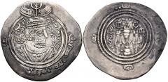 ISLAMIC, Umayyad Caliphate. 'Abd al-Malik ibn Marwan. AH 65-86 / AD 685-705. AR Drachm (30mm, 3.29 g, 3h). Arab-Sasanian type. DAP (Fasā) mint. Dated YE 65 = AH 77 (AD 696/7). Crowned Sasanian-style b