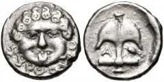 THRACE, Apollonia Pontika. Late 5th-4th centuries BC. AR Drachm (14mm, 2.80 g, 6h). Facing gorgoneion, early style / Upright anchor; A to left, crayfish to right. Topalov, Apollonia 45; SNG BM Black S
