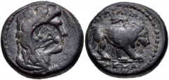 LYDIA, Sardes. Circa 133 BC-AD 14. Æ (19mm, 7.76 g, 12h). Menemaxos, magistrate. Head of young Herakles right, wearing lion skin; countermark: ΠV monogram within circular incuse / Lion walking right; 